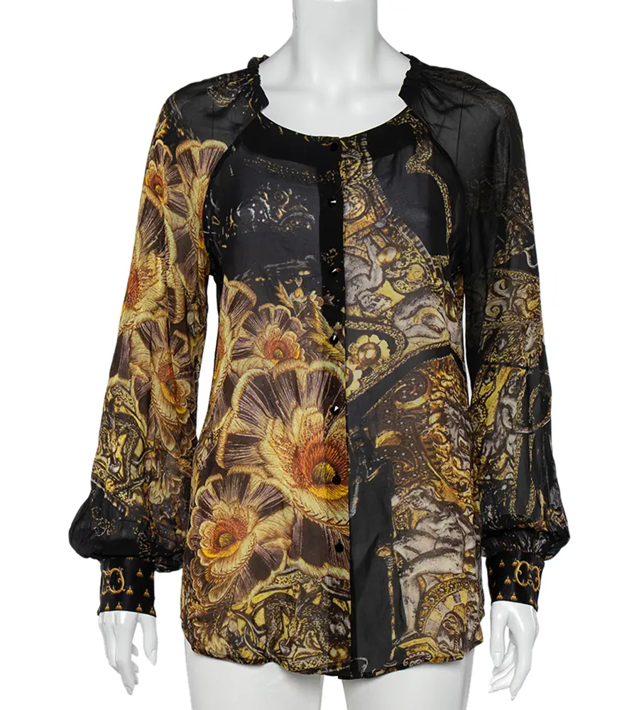 Class by Roberto Cavalli Black Printed Silk Ruffled Neck Button Front Top M