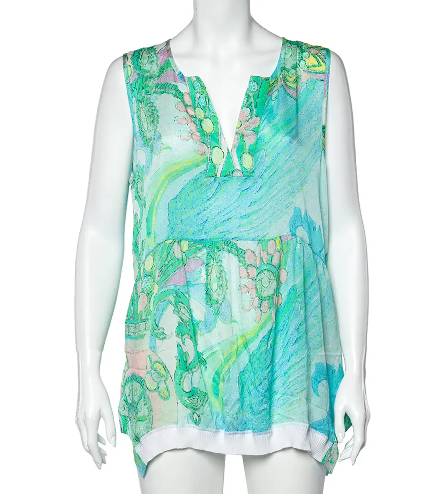 Class by Roberto Cavalli Blue Printed Silk Rib Knit Trim Detailed Top L