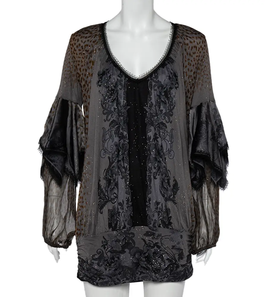 Class by Roberto Cavalli Grey Printed Jersey Overlay Sleeve Detailed Top L