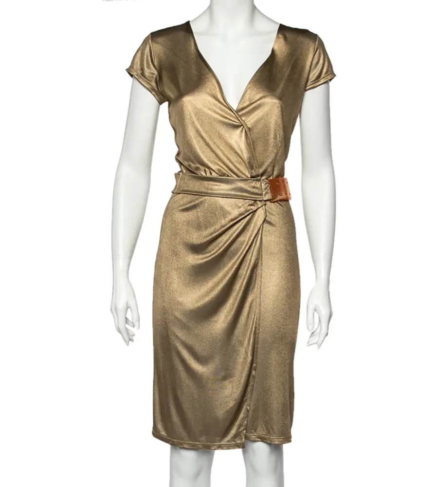 Class by Roberto Cavalli Gold Metallic Belt Detail Faux Wrap Dress M