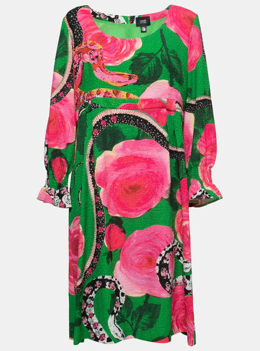 Class by Roberto Cavalli Green Floral Printed Textured Long Sleeve Dress L