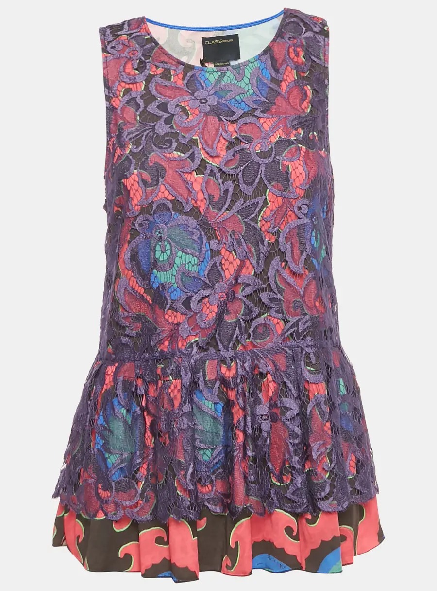 Class by Roberto Cavalli Multicolor Printed Lace Sleeveless Top  L