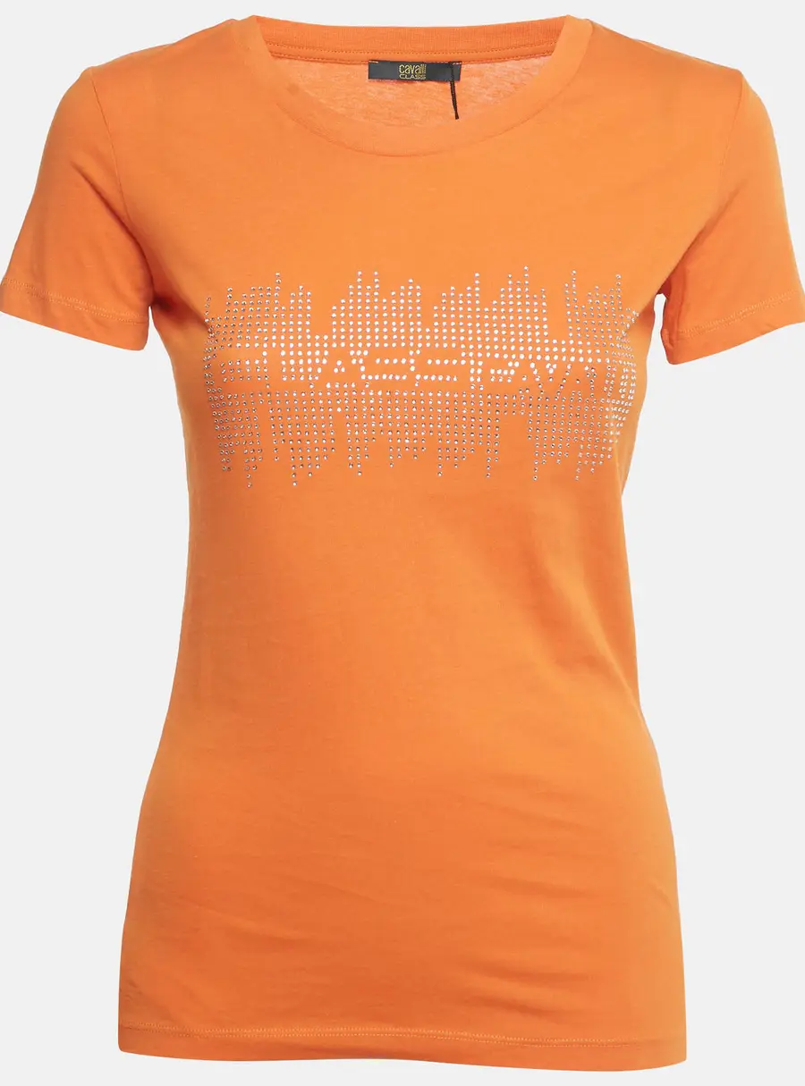 Class by Roberto Cavalli Orange Rhinestone Jersey T-Shirt XS