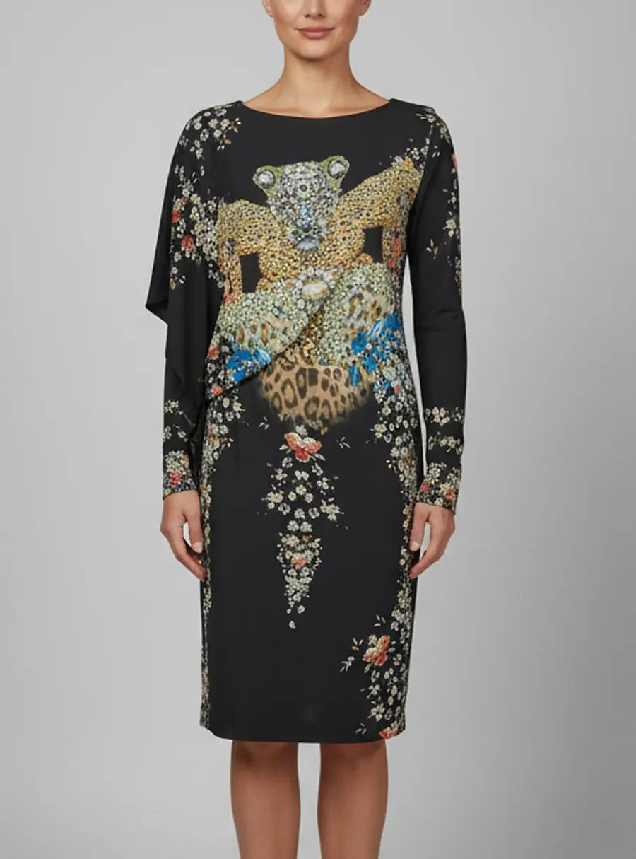 Class by Roberto Cavalli Navy Blue Animal Print Jersey Draped Midi Dress M