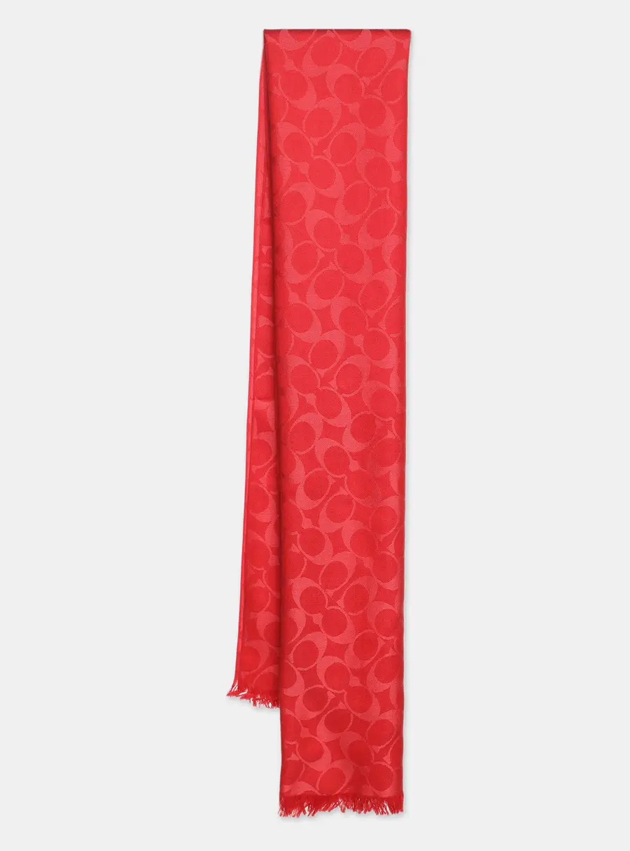 Coach Red Signature Print Wool Blend Scarf