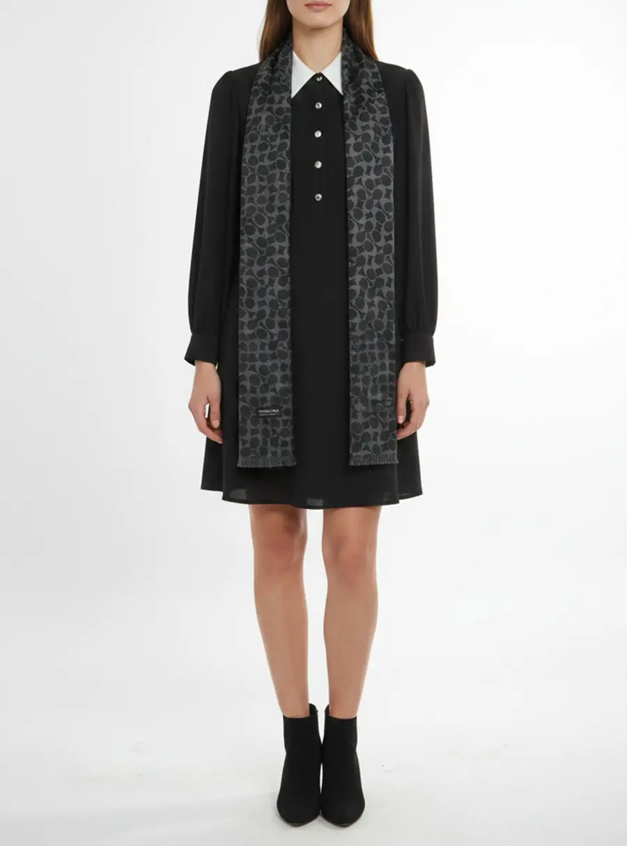 Coach Black/Grey Jacquard Monogram Fringed Stole