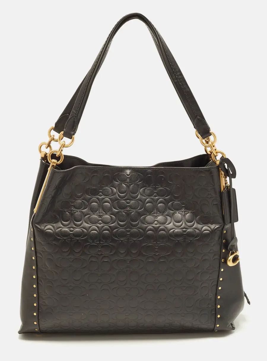 Coach Dalton Studded Black Signature Embossed Leather Shoulder Bag