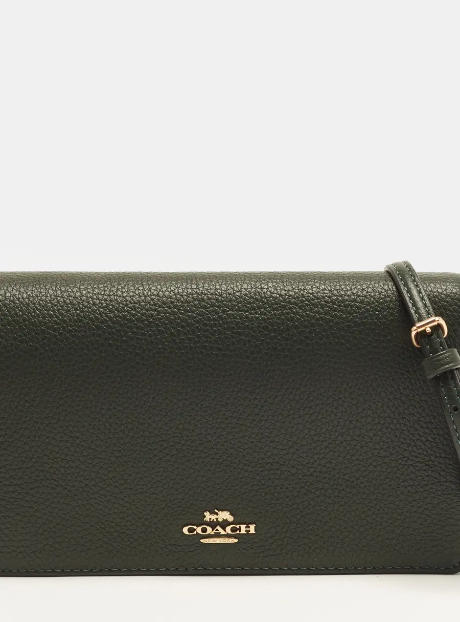 Coach Logo Flap Dark Green Leather Wallet On Chain