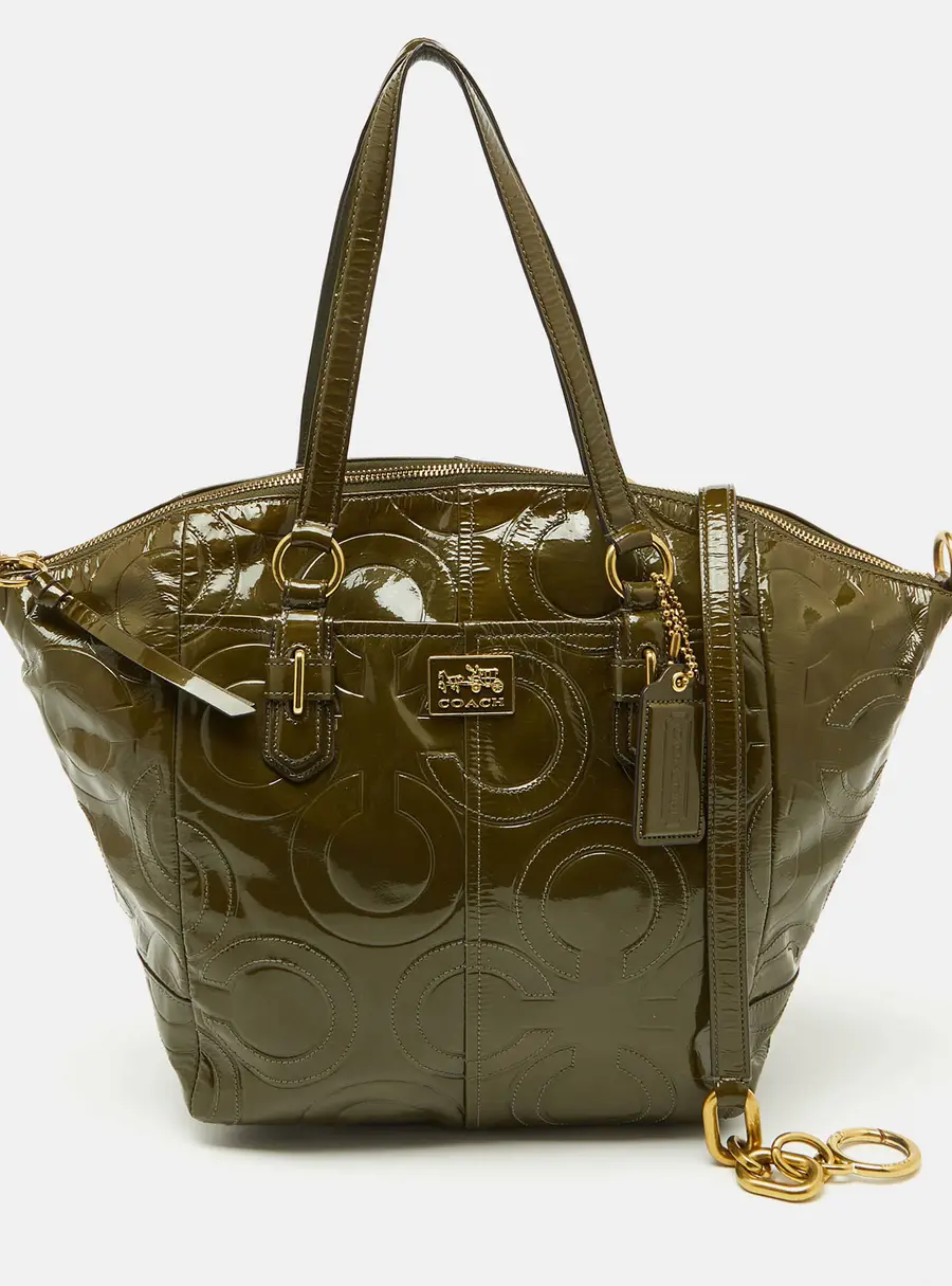 Coach Olive Green Op Art Embossed Patent Leather Madison Satchel