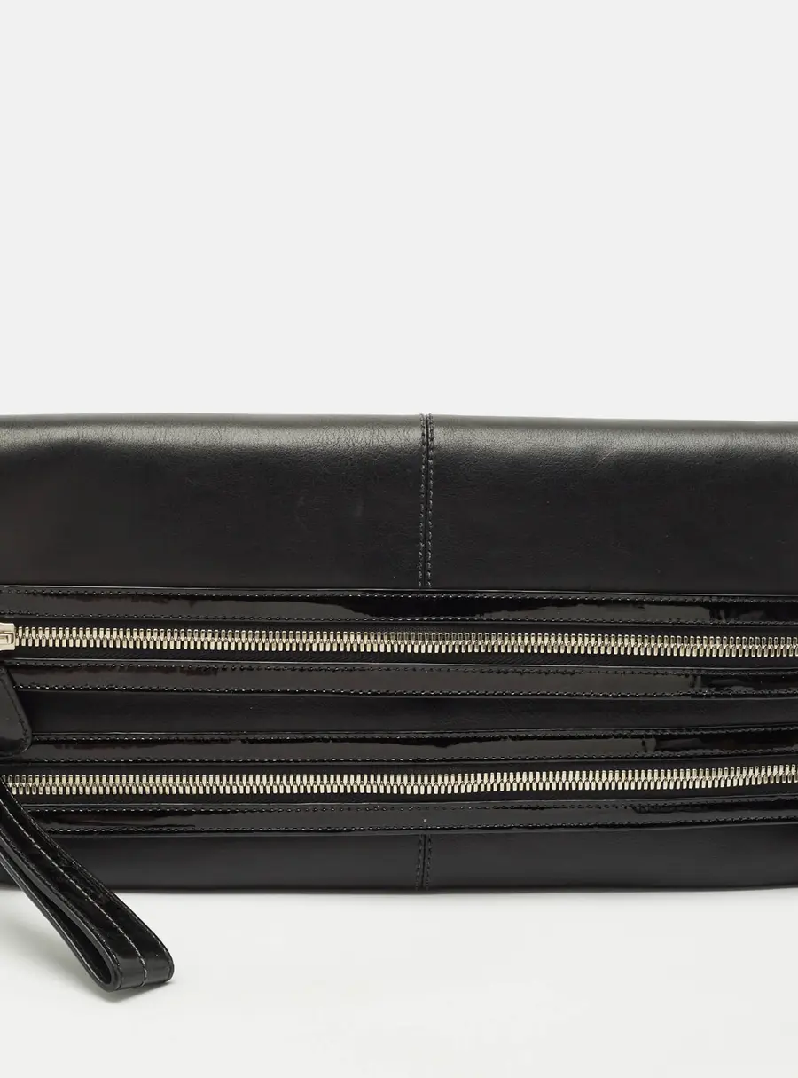 Coach Black Leather and Patent Leather Double Zip Long Clutch