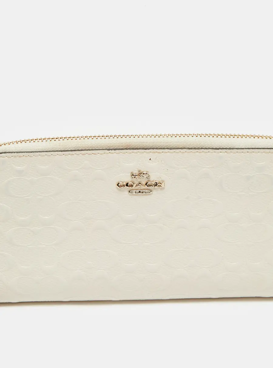 Coach White Signature Embossed Leather Long Zip Around Wallet