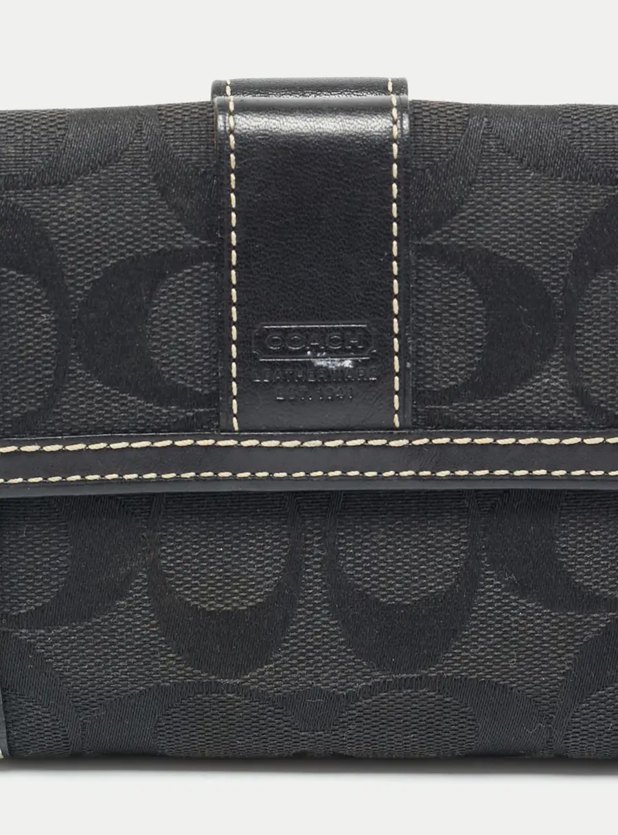 Coach Black Signature Canvas and Leather Flap Compact Wallet