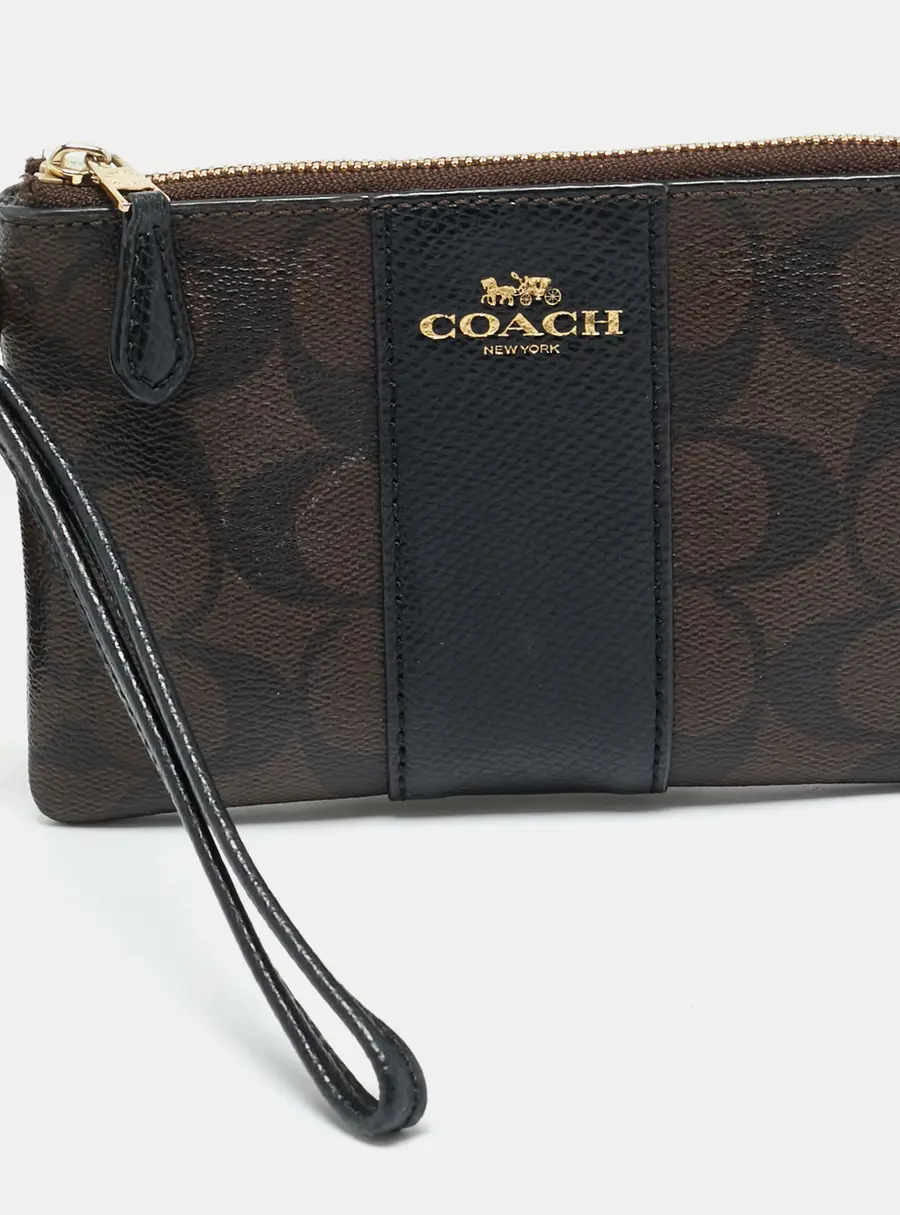 Coach Brown/Black Signature Coated Canvas and Leather Corner Zip Wristlet