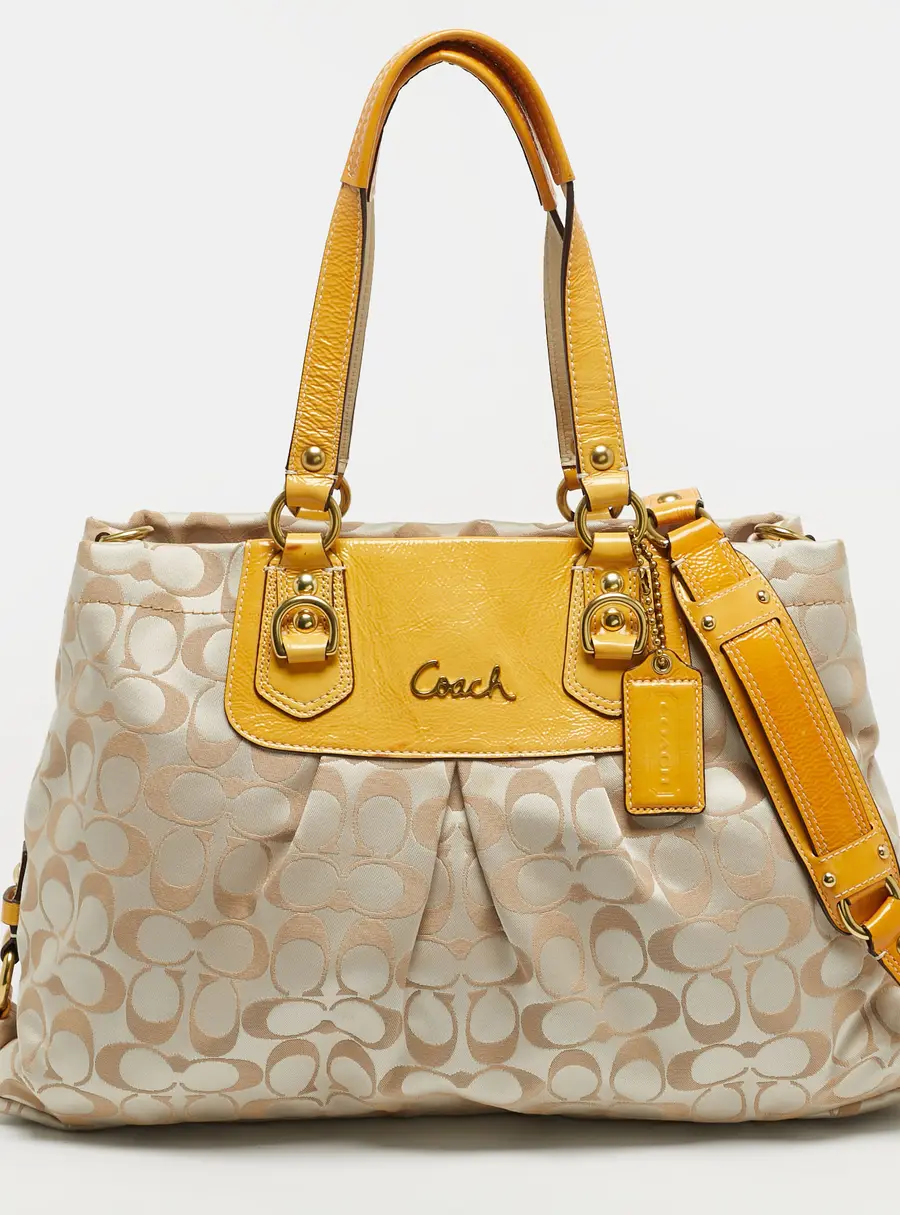 Coach Ashley Mustard/Beige Signature Fabric and Patent Leather Shoulder Bag