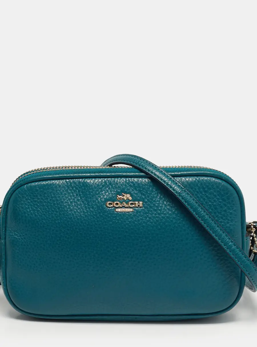 Coach Double Zip Teal Green Leather Camera Crossbody Bag