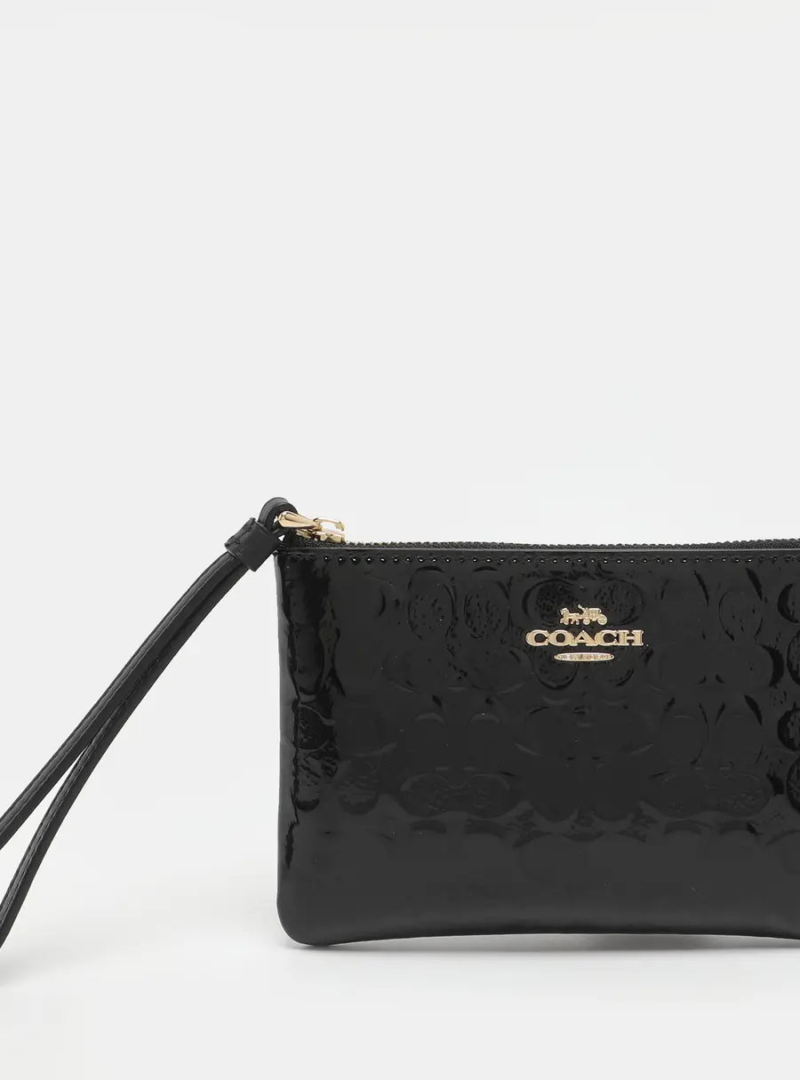 Coach Black Signature Debossed Patent Leather Wristlet