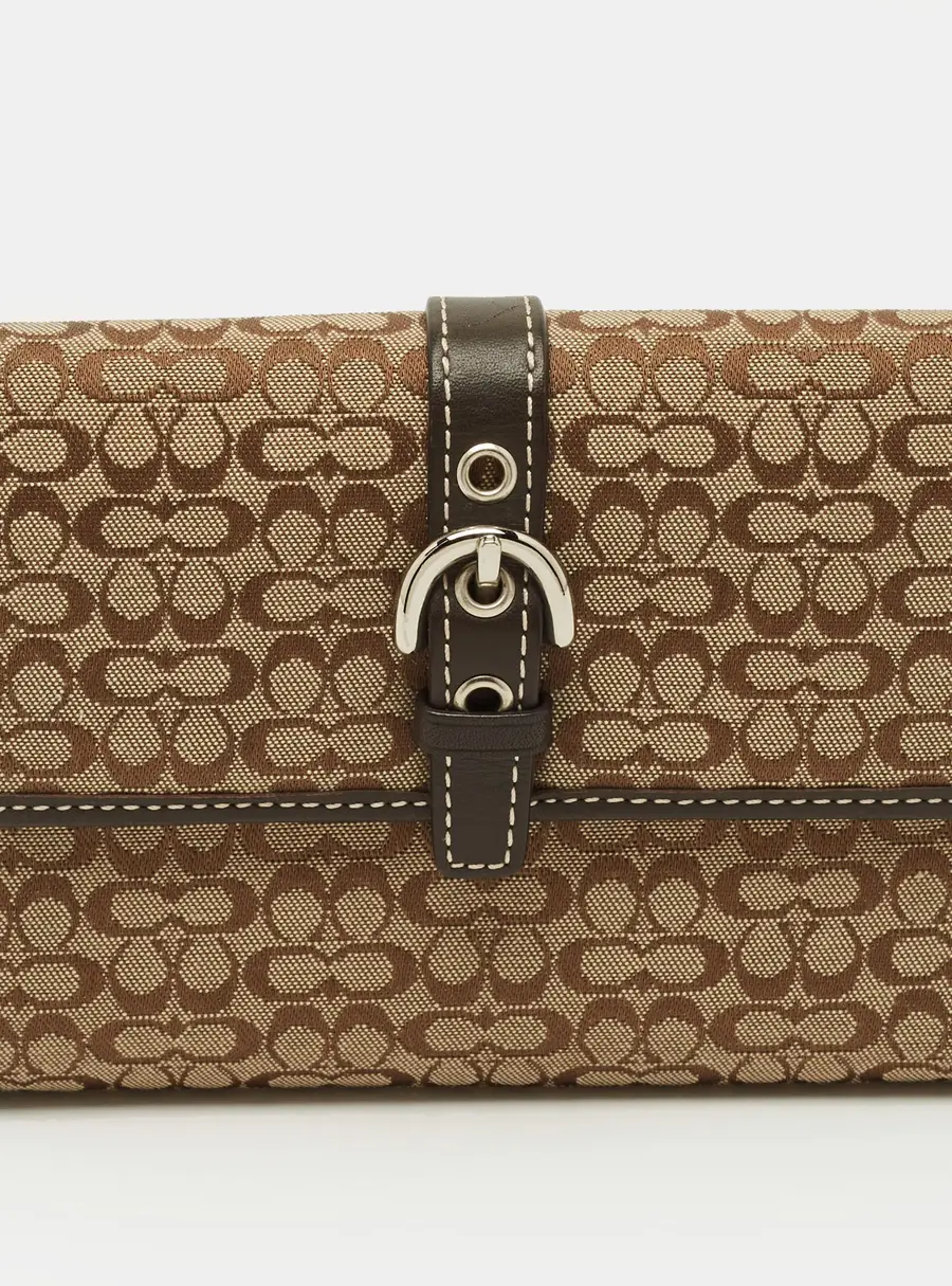 Coach Buckle Beige/Brown Signature Fabric and Leather Trifold Wallet