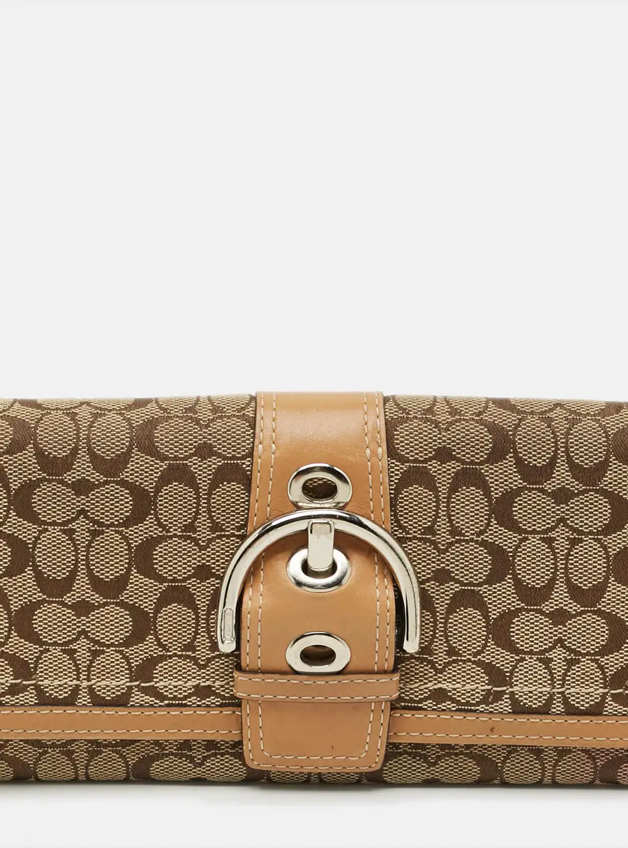 Coach Buckle Detail Beige/Tan Signature Canvas and Leather Continental Wallet