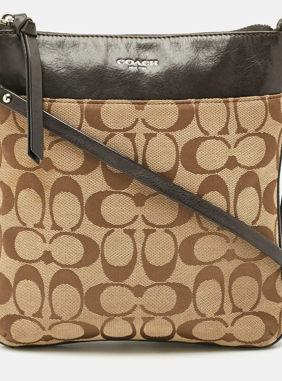 Coach Swingpack Dark Brown/Beige Signature Canvas and Leather Crossbody Bag