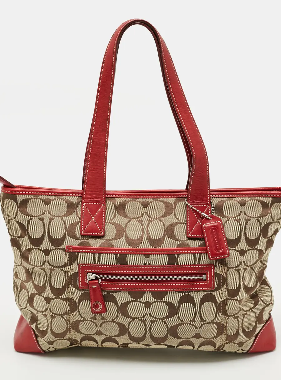 Coach Front Zip Red/Beige Signature Canvas and Leather Tote