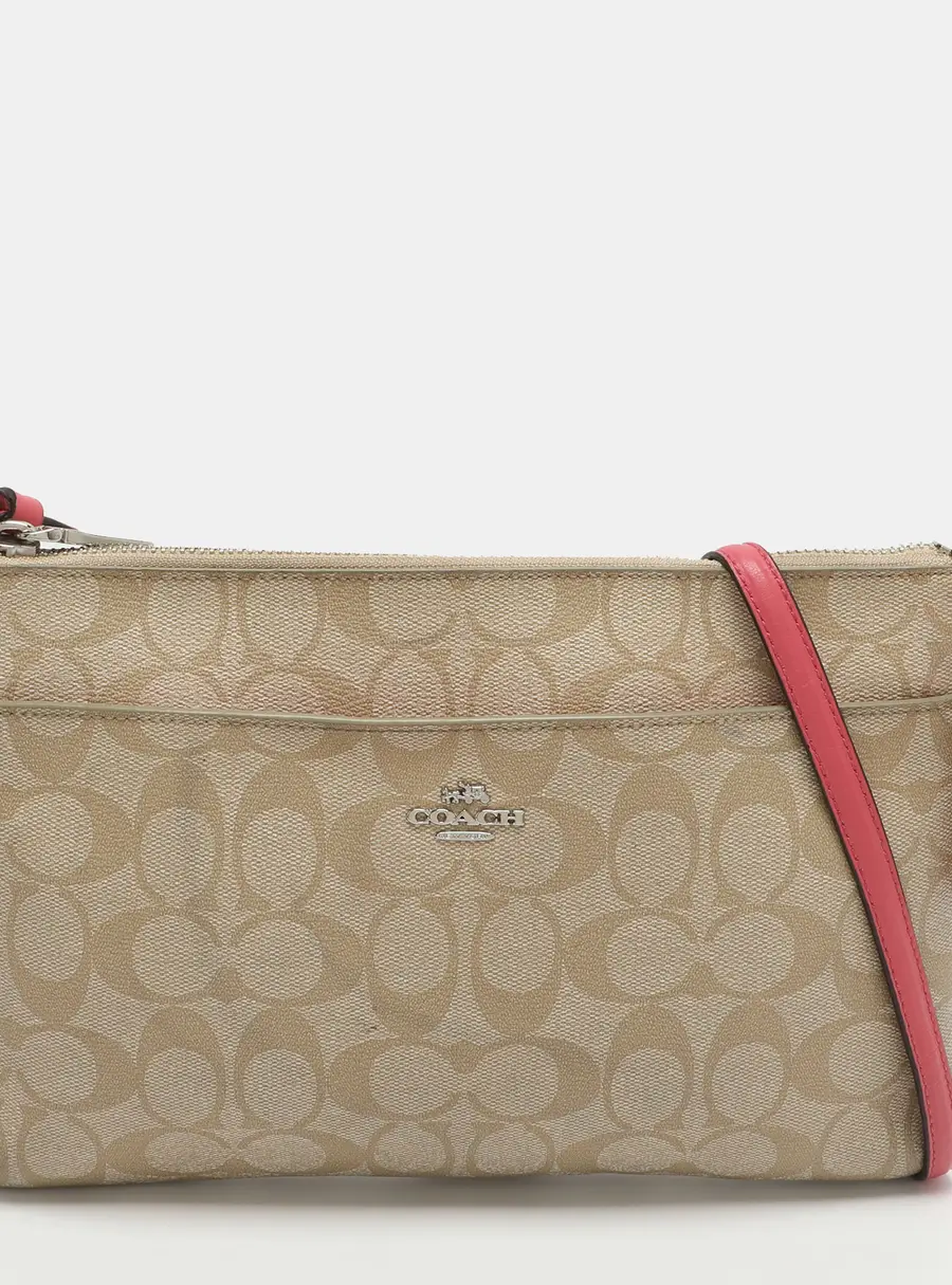Coach East/West Pop Up Beige/Pink Coated Canvas Pouch Crossbody Bag