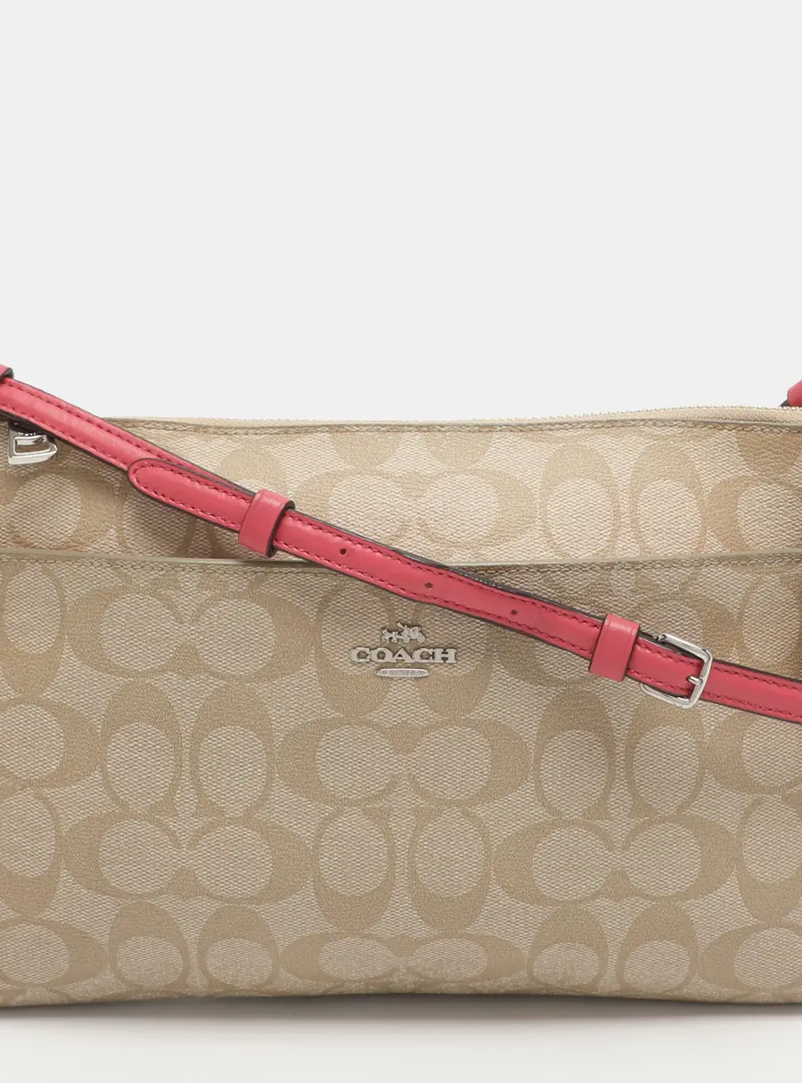Coach East/West Pop Up Pouch Beige/Pink Signature Coated Canvas Crossbody Bag