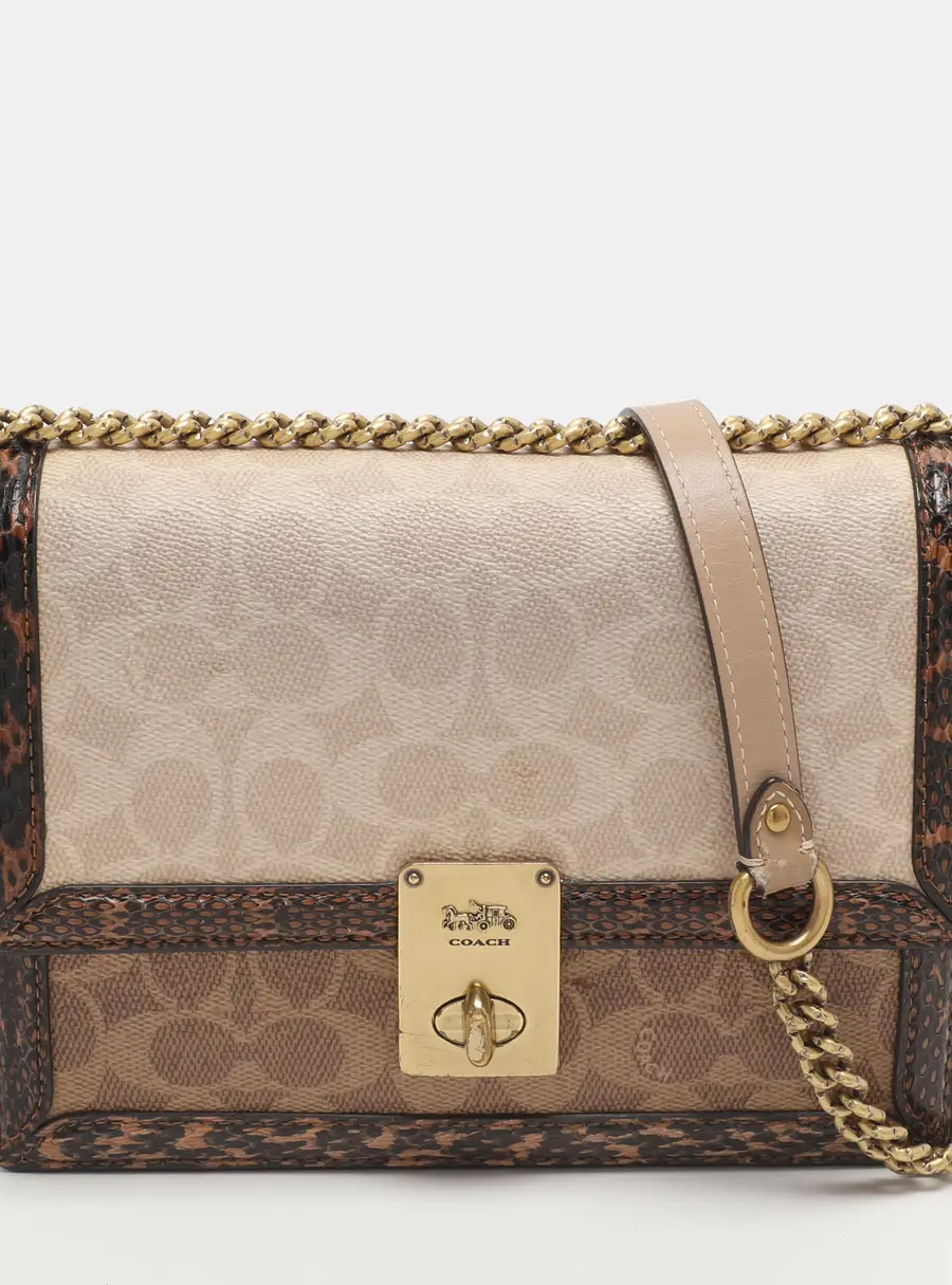 Coach Hutton Brown Signature Coated Canvas and Snakeskin Trim Shoulder Bag