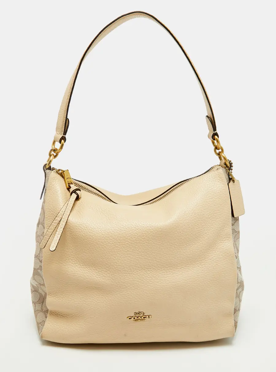 Coach Shay Beige Leather and Signature Canvas Shoulder Bag