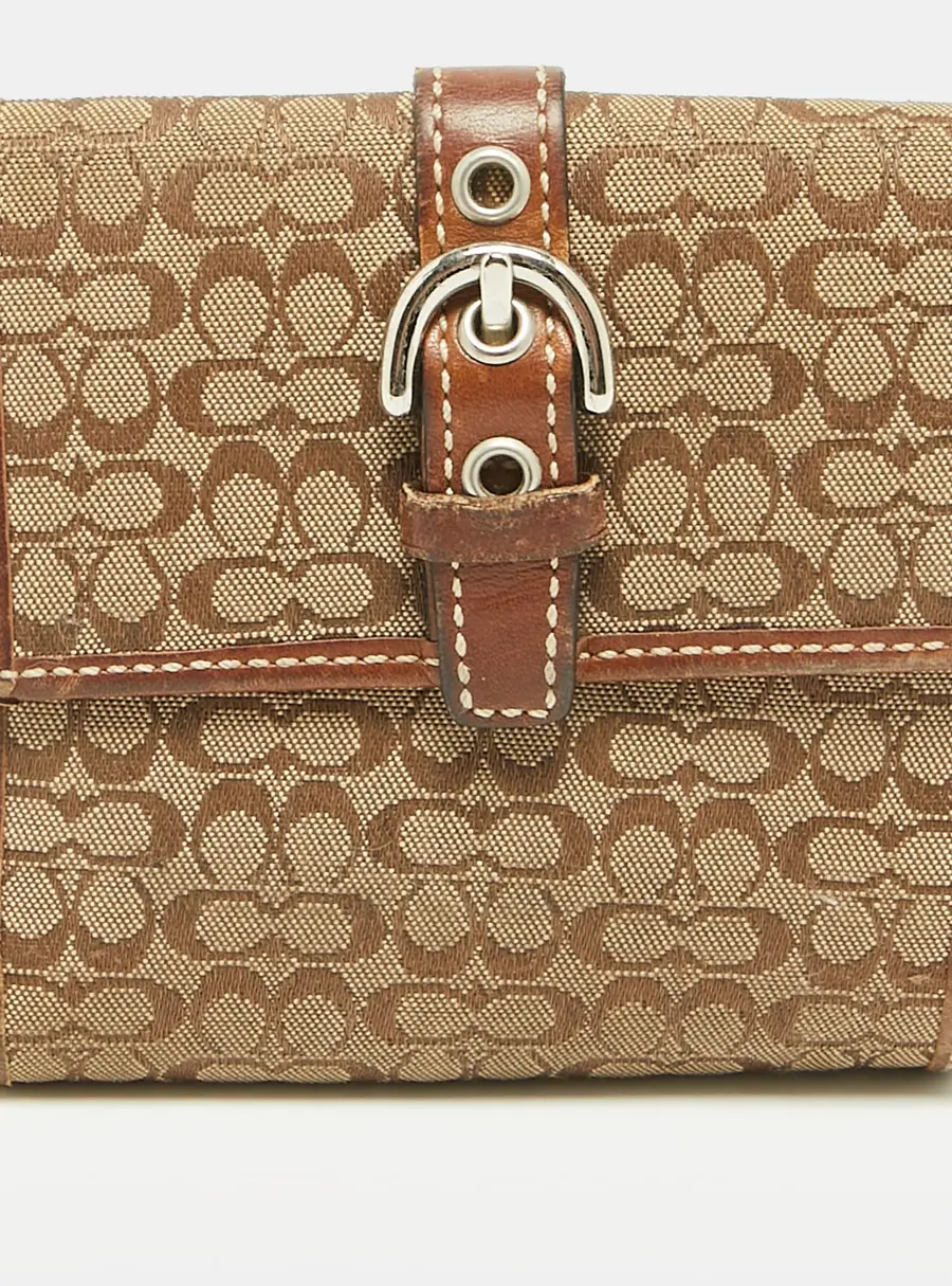 Coach Buckle Flap Brown/Beige Signature Fabric and Leather French Wallet