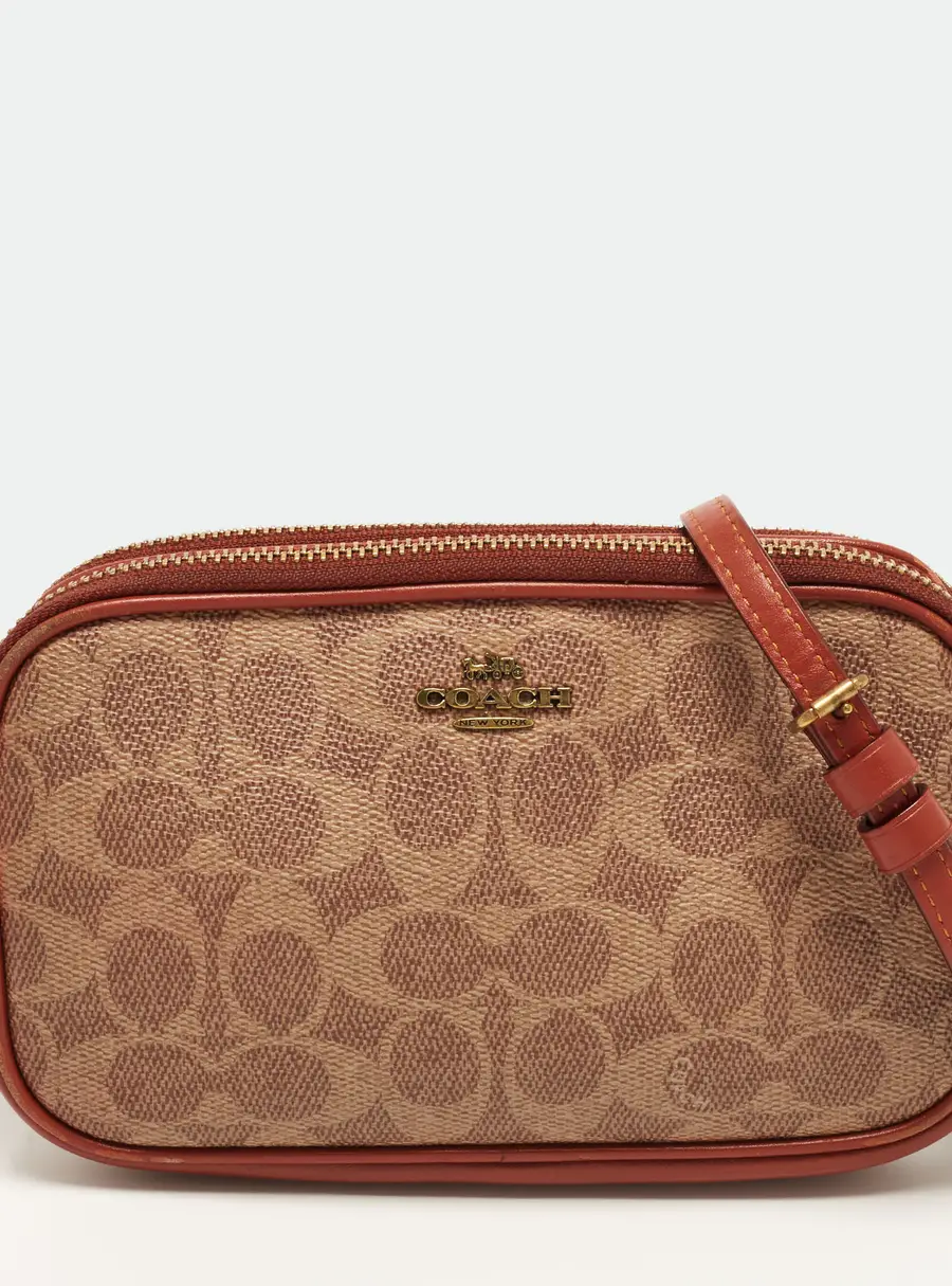 Coach Double Zip Brown Signature Coated Canvas Crossbody Bag