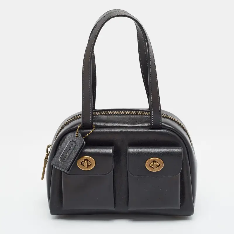 Coach Twin Turnlock 20 Black Leather Satchel