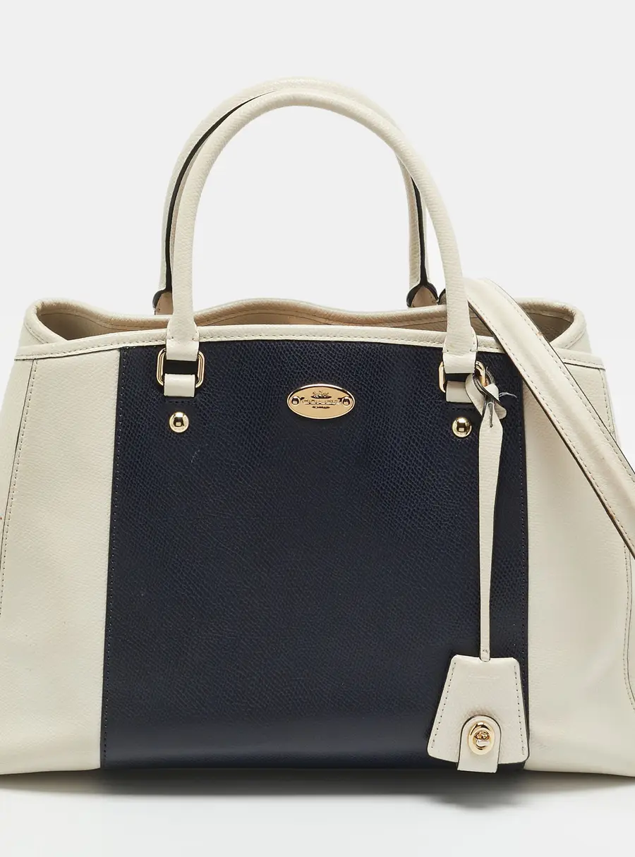 Coach Margot Off White/Navy Blue Leather Carryall Satchel