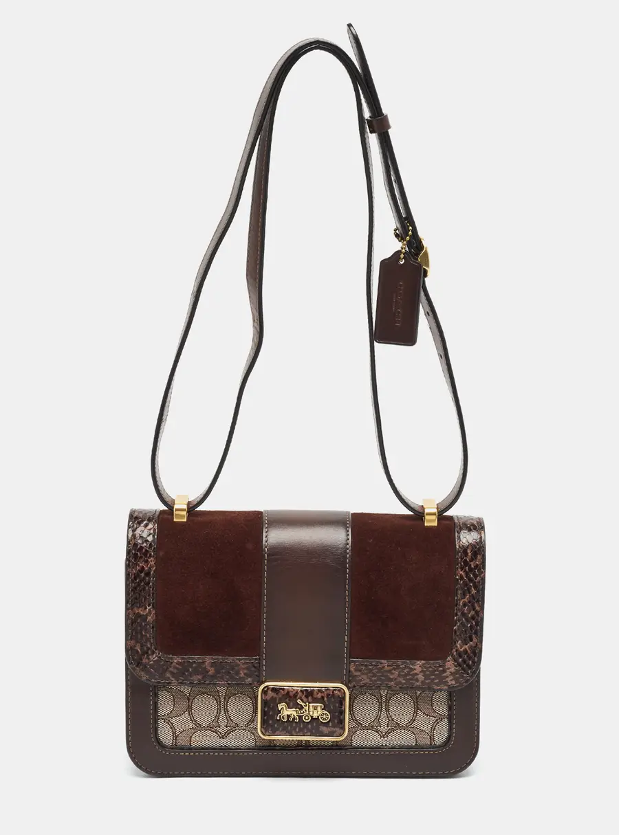 Coach Alie Dark Brown/Beige Jacquard Canvas,Suede and Snake Trim Shoulder Bag