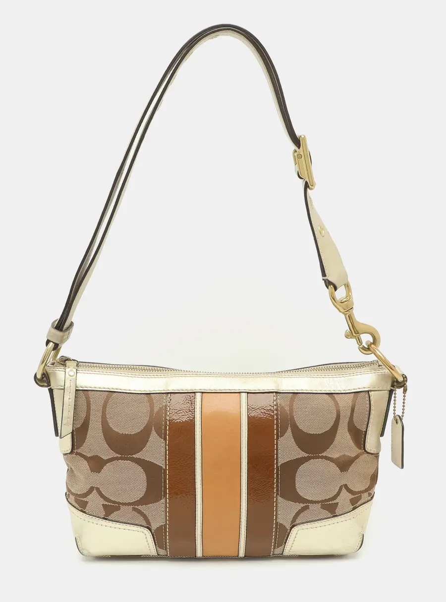 Coach Gold/Beige Signature Canvas and Leather Shoulder Bag