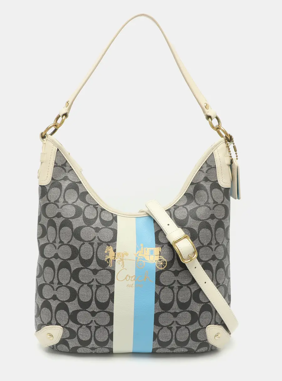 Coach Heritage Stripe Black/White Signature Coated Canvas and Leather Shoulder Bag