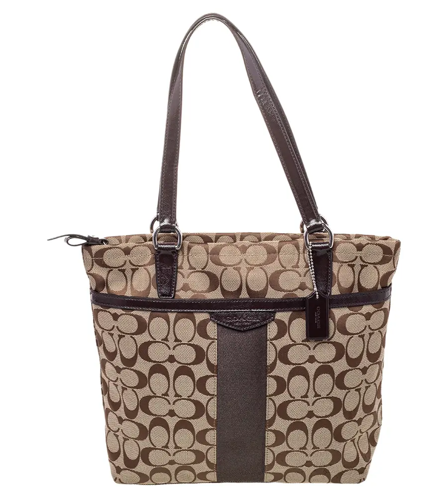Coach Brown /Beige Canvas And Patent Leather Top Zip Tote