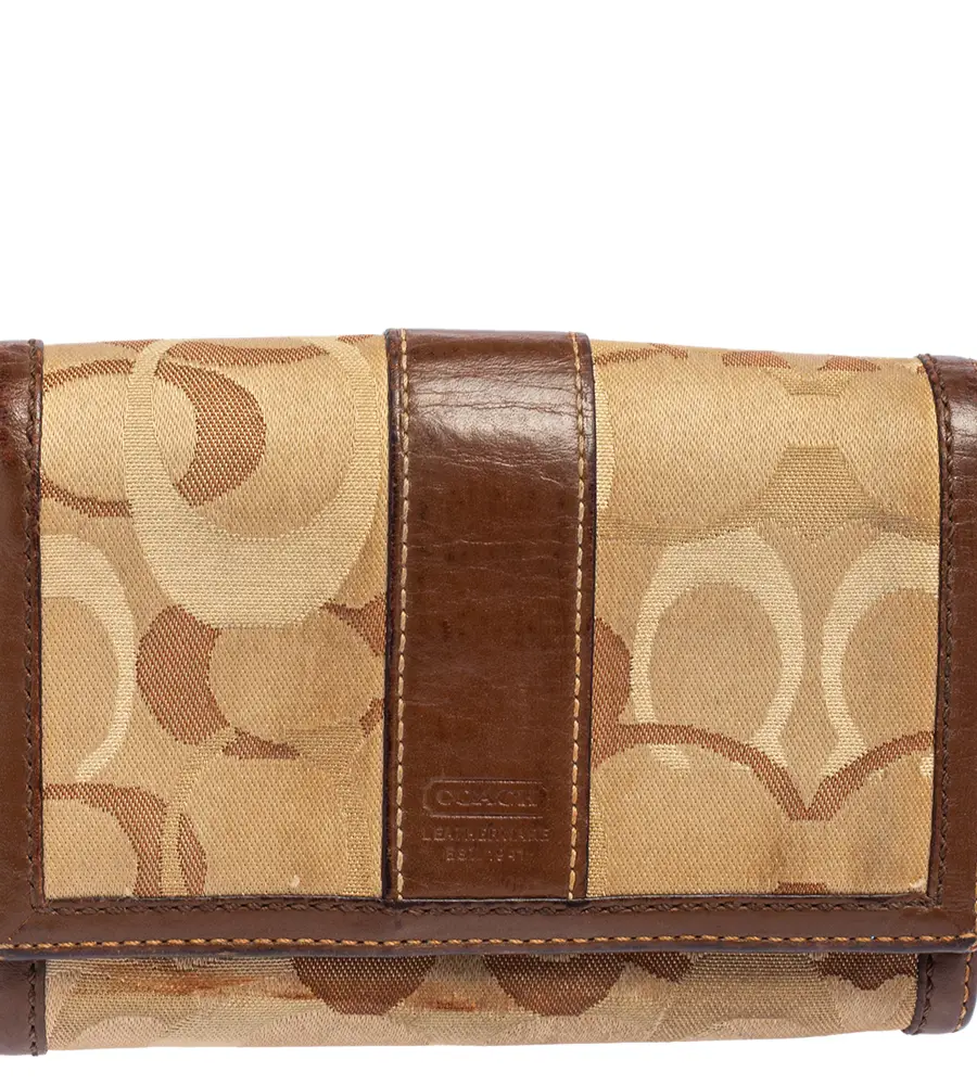 Coach Beige/Brown Signature Canvas and Leather Compact Wallet