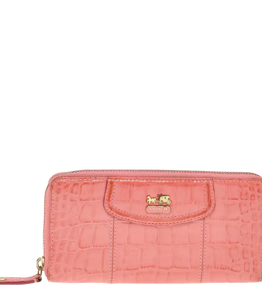 Coach Coral Pink Croc Embossed Leather Zip Around Wallet