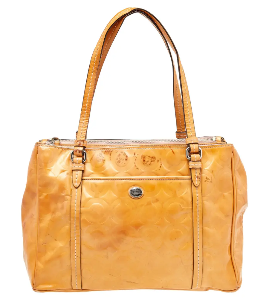 Coach Tan Patent Leather Peyton Op Art Double Zip Satchel