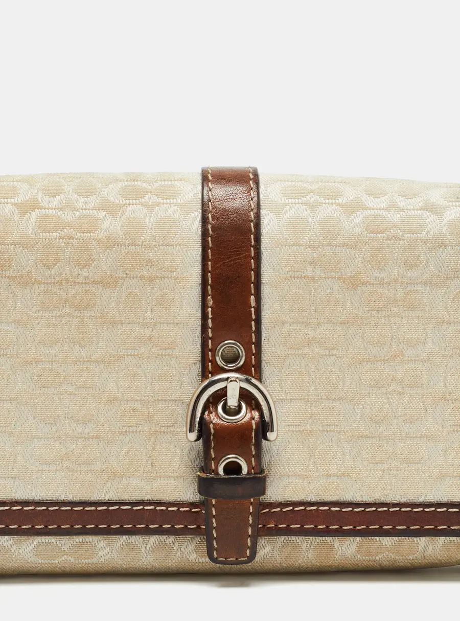 Coach Brown Signature Canvas and Leather Buckle Flap Wallet
