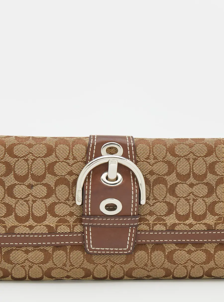 Coach Beige/Brown Signature Canvas and Leather Buckle Detail Continental Wallet