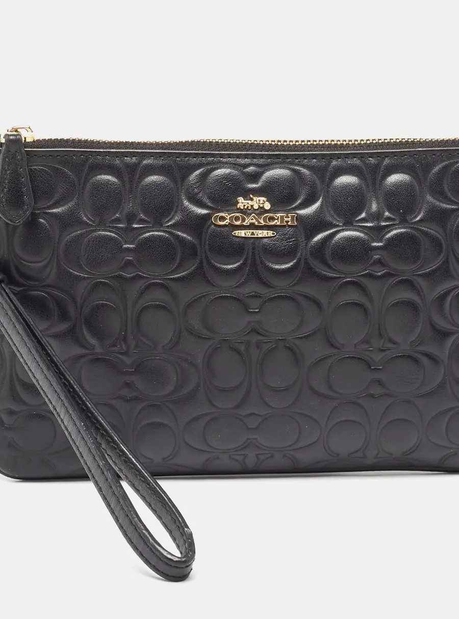 Coach Black Signature Embossed Leather Wristlet Pouch