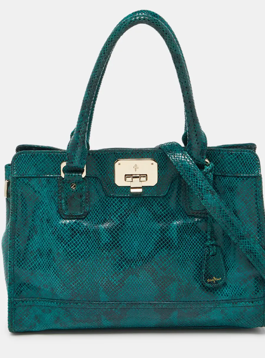 Cole Haan Green Snakeskin Embossed Leather Tote Bag