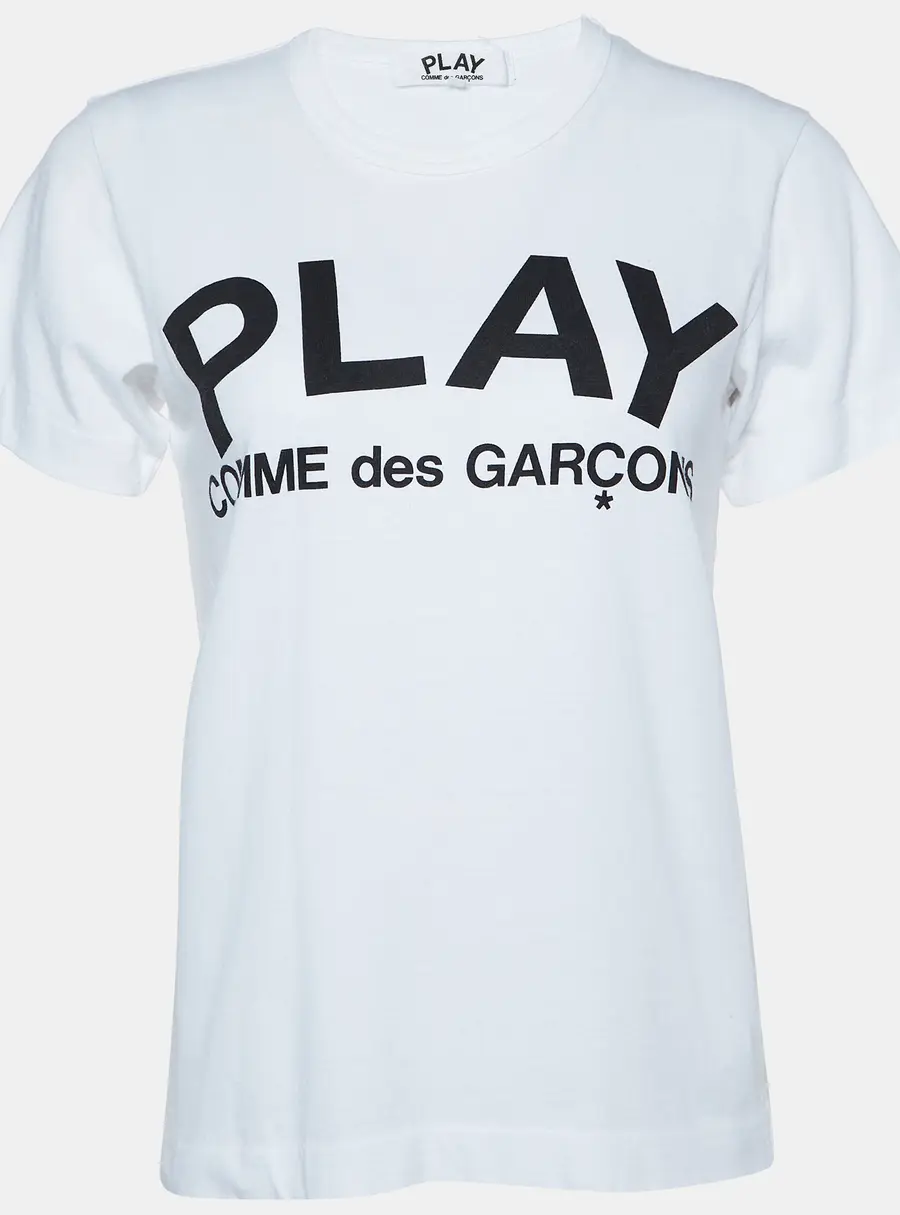 Comme Des Garcons Play White Logo Print Cotton Crew Neck T-Shirt L