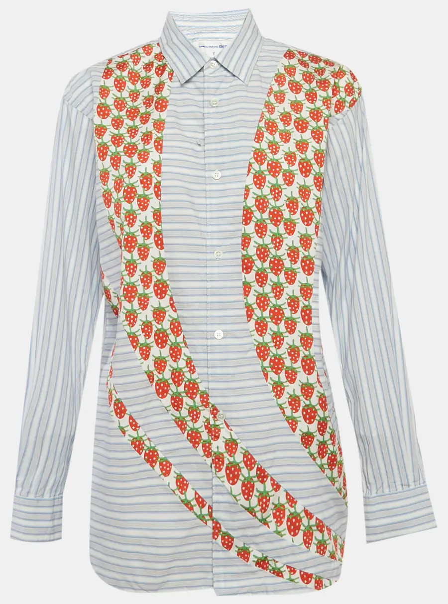 Comme des Garcons Blue Striped Strawberry Print Cotton Shirt M