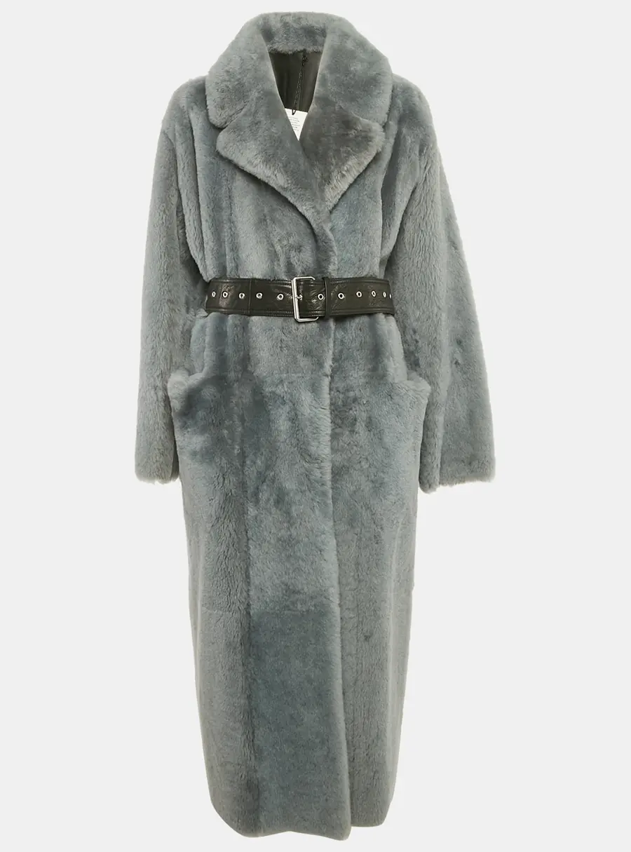 Common Leisure Blue Shearling and Leather Belted Coat S