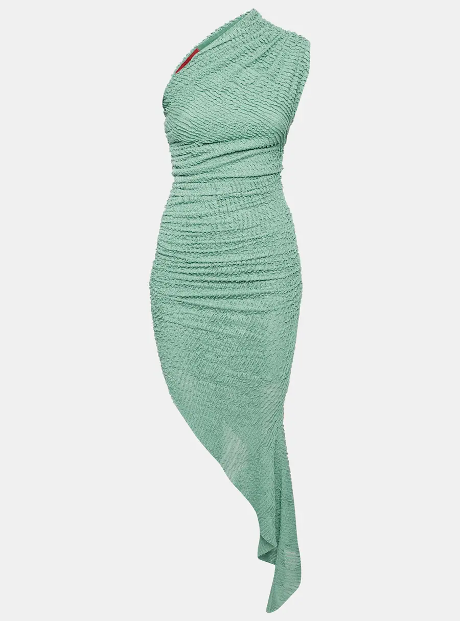 Cou Coo Green Patterned Knit Ruched Asymmetric Strapless Dress XS