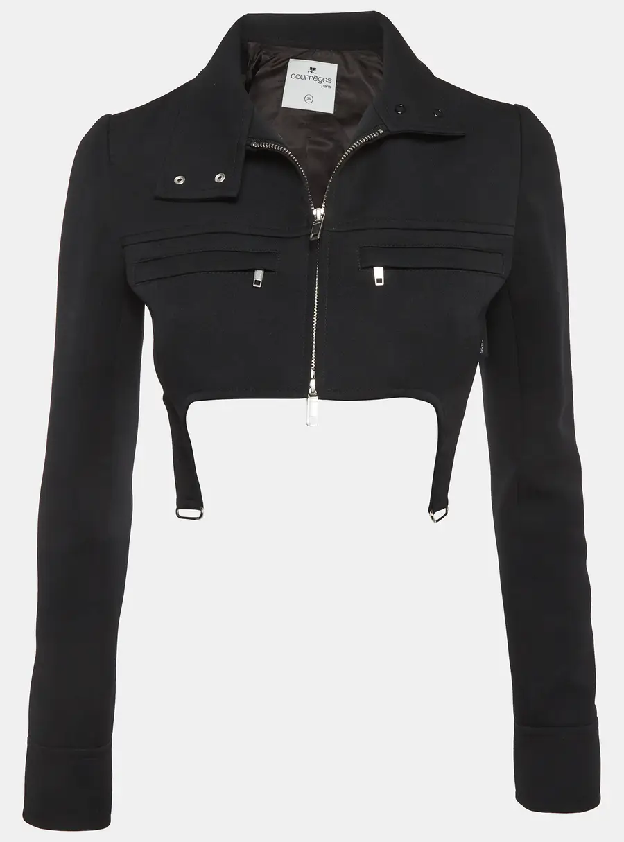 Courreges Paris Black Stretch Crepe Suspender Crop Jacket S
