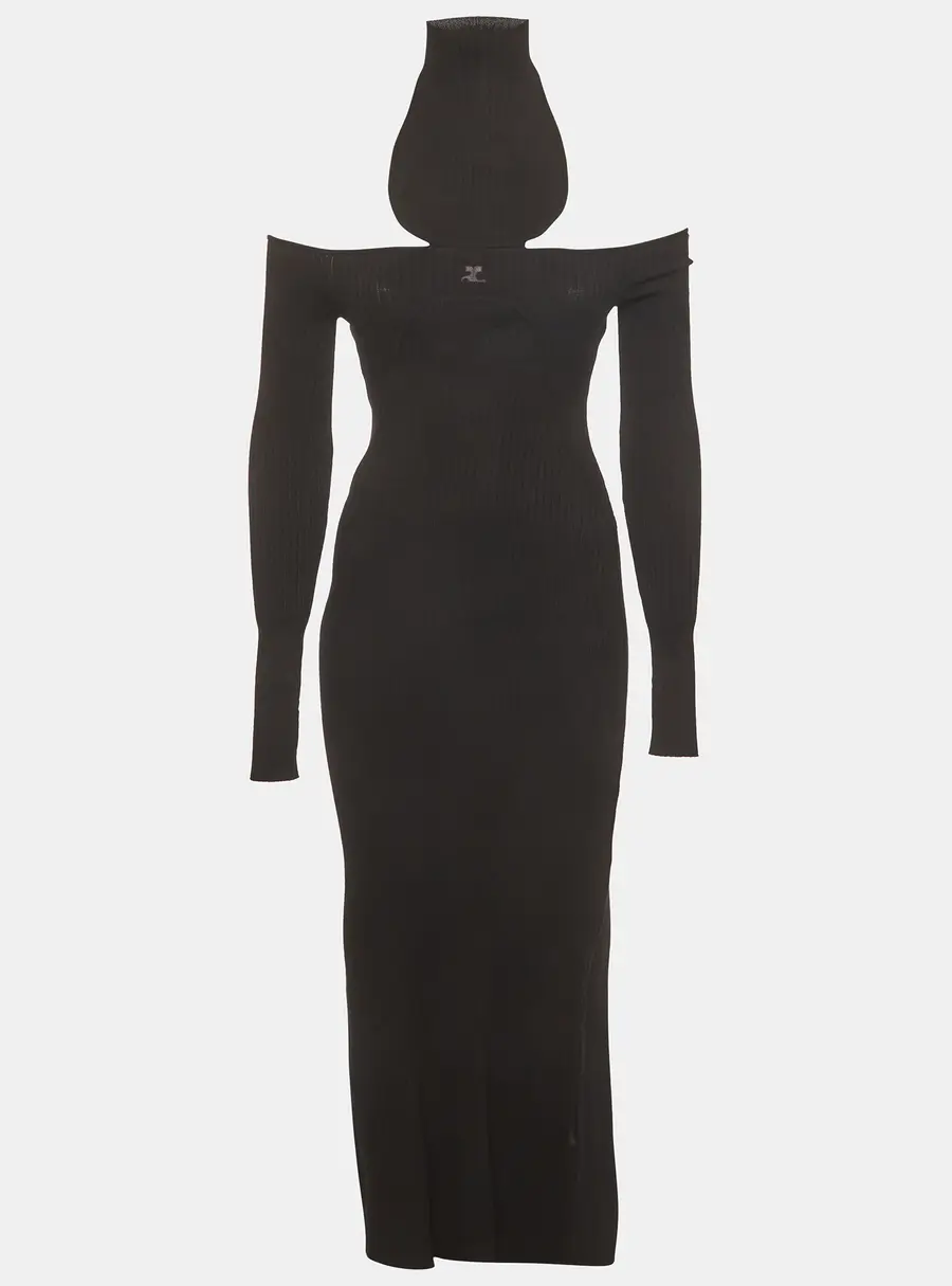 Courr&egrave;ges Black Rib Knit Slit Maxi Dress XS