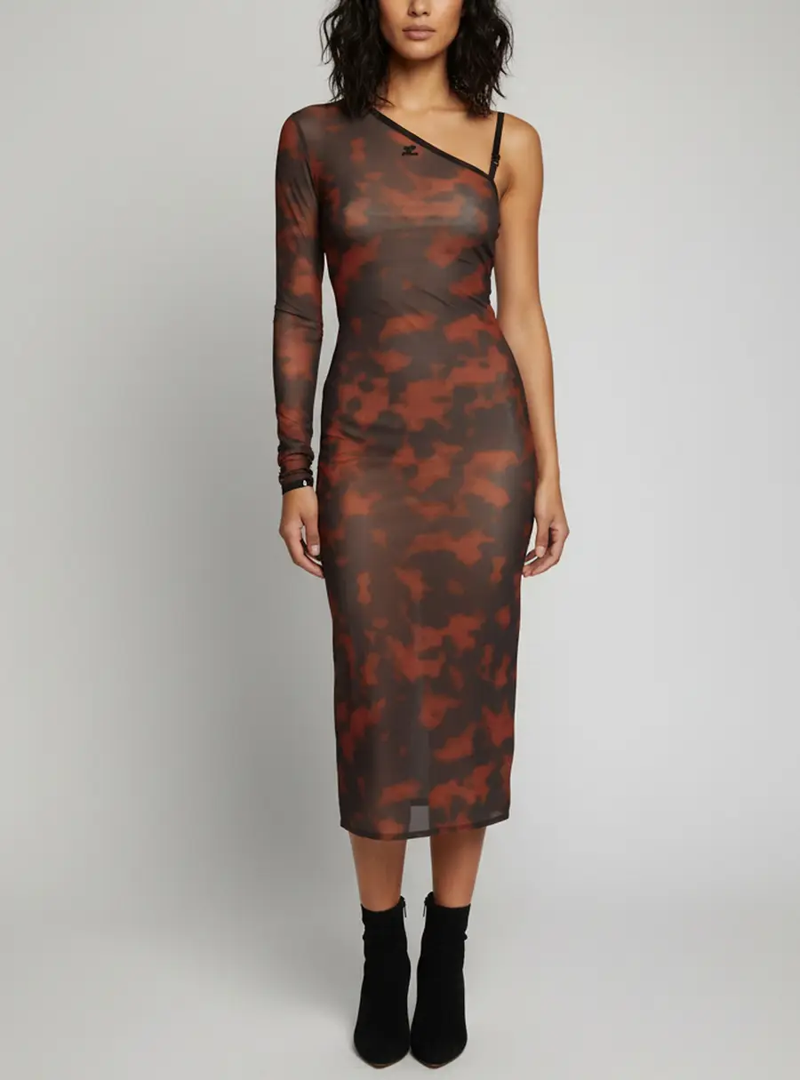 Courr&egrave;ges Brown Printed Mesh One Shoulder Bodycon Dress S